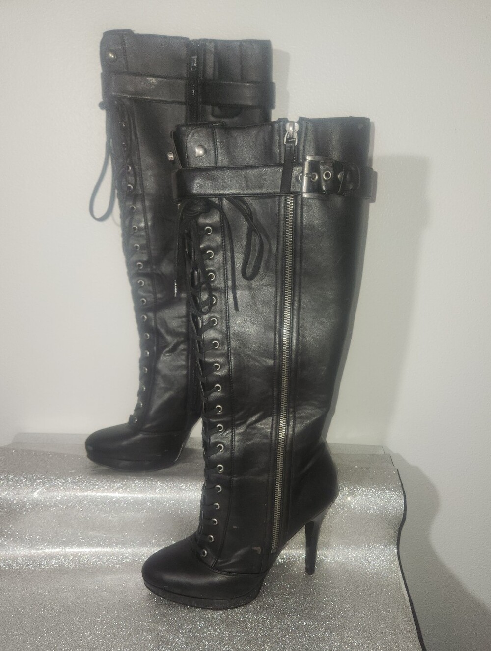 Women's Nine West Vintage Black Lace-Up High Heel Knee Boots